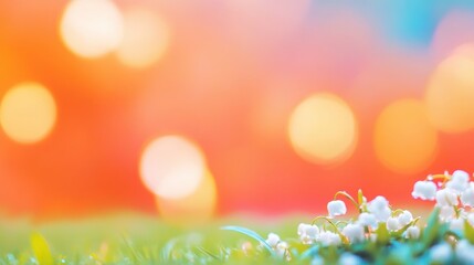 Obraz premium Delicate white flowers stand out on lush green grass against a colorful, blurred background during evening light