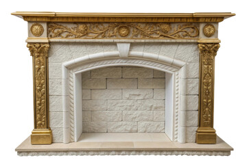 Fototapeta premium PNG Ornate stone fireplace with golden carved details and classical design