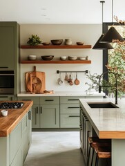 The modern kitchen features a stylish olive green and wooden color scheme