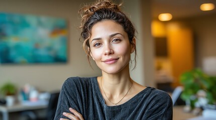 personal branding headshot office Smiling woman in a casual indoor environment.
