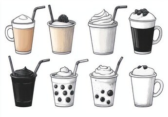 Illustration of eight assorted cold and hot beverages including coffee, milkshakes, bubble tea, and creamy topped drinks with straws and garnishes
