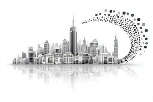 a minimalist icon of population density with dots growing thicker over a city silhouette