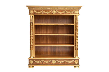 PNG Ornate wooden bookshelf with gold detailing and carvings