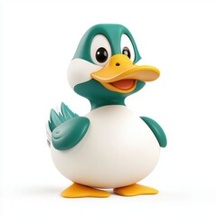 Charming Cartoon Duckling with Teal Feathers and Yellow Beak Standing on White Background