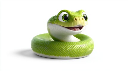 Cheerful Green Cartoon Snake Coiled on White Background