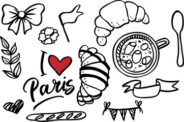 Collection of vector outline illustrations on the theme of Paris, made by hand. Croissant, coffee, festive flags, text "I love Paris".