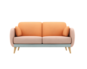 Two Tone Orange and Pink Sofa with Light Blue Base and Wooden Legs, PNG