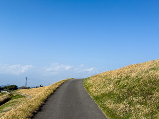 爽やかな夏の青空と芝生の丘
