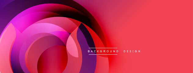 Abstract design features overlapping circles, vibrant reds, purples. Modern aesthetic, smooth gradients create dynamic visual impact.