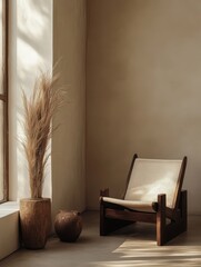 A minimal interior design with a wooden chair and plants