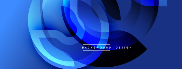 Abstract blue background. Dynamic shapes overlap creating modern visual effect. Gradient colors provide depth, texture. Simple text reads background design.