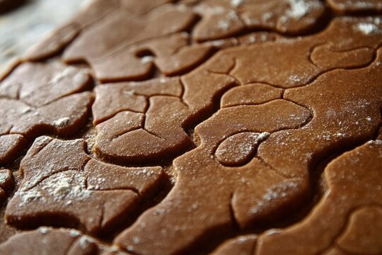 close-up of brown dough with heart-shaped and other cookie cutter impressions dusted with flour on surface