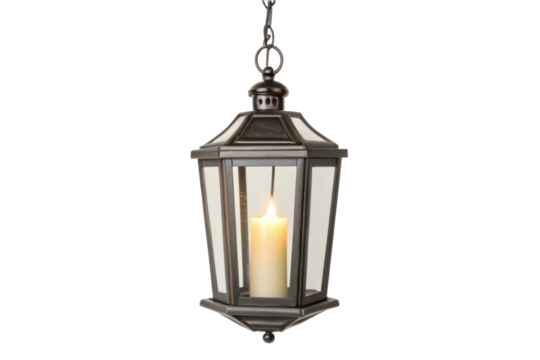 PNG Vintage hanging lantern with lit candle in metal frame