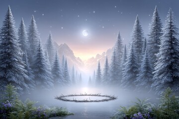 a realistic image of a pioneer prayer circle at sunset in the wilderness