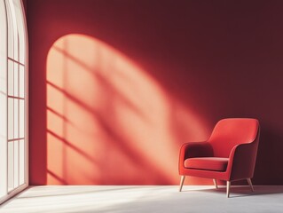 A single red chair in a minimalist sunlit red room