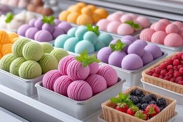 a realistic image of colorful scoops of gelato in a display case with fresh toppings