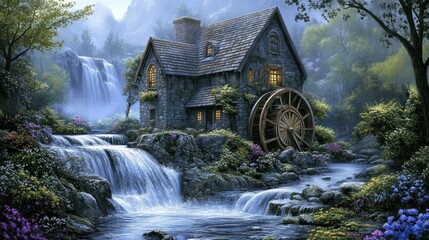 Fototapeta premium Enchanted mountain chalet with waterfall