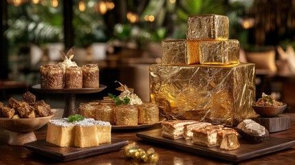 Gold foil pieces scattered beside traditional Thai dessert display