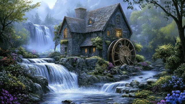 Enchanted mountain chalet with waterfall