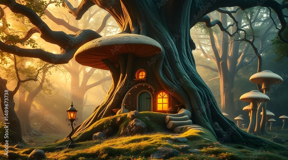 Wall mural in a mystical forest, a whimsical treehouse with illuminated windows nestles beneath a giant mushroo
