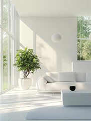 Bright white interior with a large potted plant and sofa