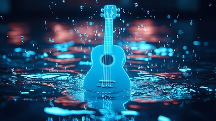 Neon acoustic guitar submerged in water droplets.