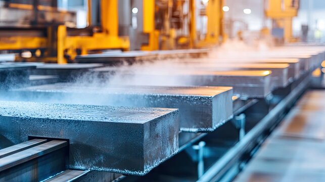 Metal parts undergoing spray painting in controlled industrial zone