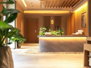 A calm spa reception area with subtle lighting and plants