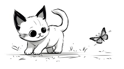 7. Cartoon kitten chasing a butterfly, drawn in simple bold black and white outlines with no shading on a clean white background