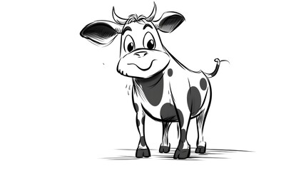 10. Cartoon cow with large eyes and a flower in its mouth, standing in clean bold black and white outline with no shading on white background