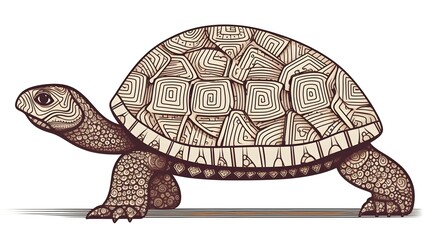 14. Cartoon turtle slowly walking with a patterned shell, drawn in bold line art with no shading on a white background