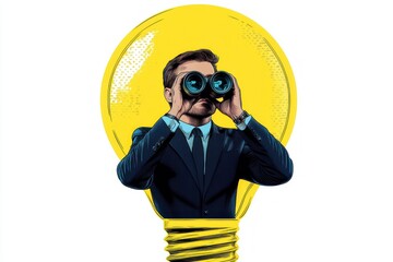 Businessman in suit looking through binoculars inside an illustrated yellow lightbulb symbolizing insight and vision for new ideas