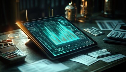 Digital tablet displaying vibrant 3D data visualization with charts and graphs on a cluttered office desk under warm lighting