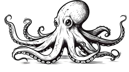 26. Happy cartoon octopus with curly tentacles, drawn in black and white with bold outlines on a white background