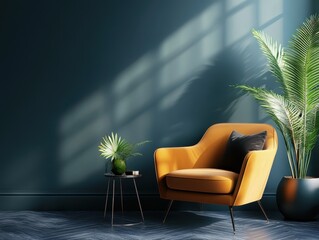 The cozy orange chair is in a room of blue