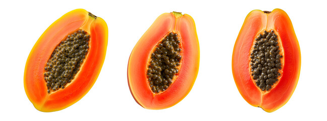 Naklejka premium Set of Half-cut ripe papaya showcasing orange flesh and black seeds, isolated on clean transparent white background, concept of tropical fruit