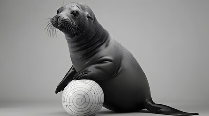 29. Playful seal balancing a ball on its nose, illustrated in bold black and white lines with no shading