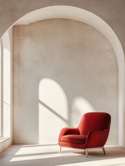 A Red Velvet Armchair Under a White Archway with Sunlight