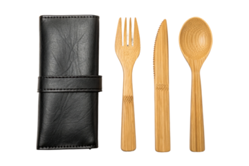 PNG Eco-friendly bamboo cutlery set with black leather pouch