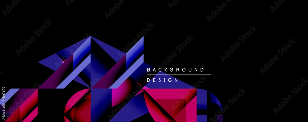 Poster abstract geometric shapes dominate dark background. vivid purple, magenta hues create dynamic compos