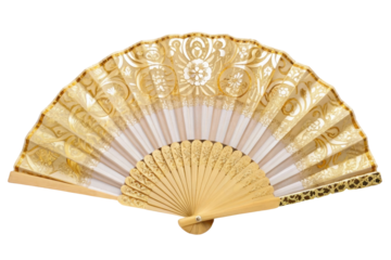 PNG Ornate gold and white decorative hand fan with intricate patterns