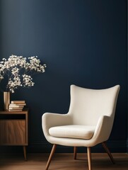 A cream colored chair with a dark blue background