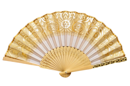 PNG Ornate gold and white decorative hand fan with intricate patterns