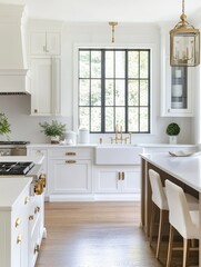 A modern bright kitchen features white cabinetry and golden accents