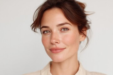 close-up shot of model showcasing flawless makeup emphasizing simplicity and elegance with ample copy space