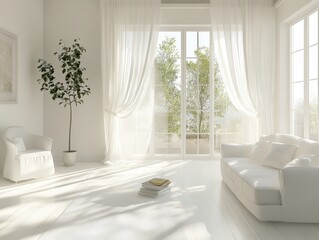 A bright white sunlit minimalist room with greenery indoors