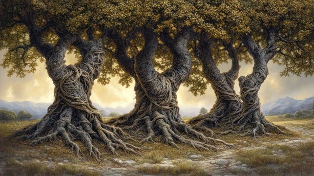 Ancient entwined trees, sunset hills, peaceful landscape, fantasy art