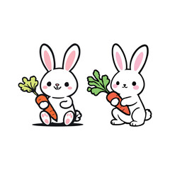 Cute cartoon bunny rabbits holding carrots vector illustration easter spring animals kawaii art drawing