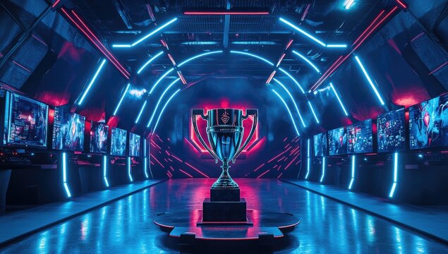 A futuristic esports arena, illuminated by vibrant neon lights, showcasing a large trophy in the center.  The space is highly stylized with multiple screens displaying game action