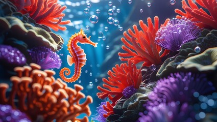 Obraz premium Magnificent Seahorse in Vibrant Coral Reef Underwater Paradise